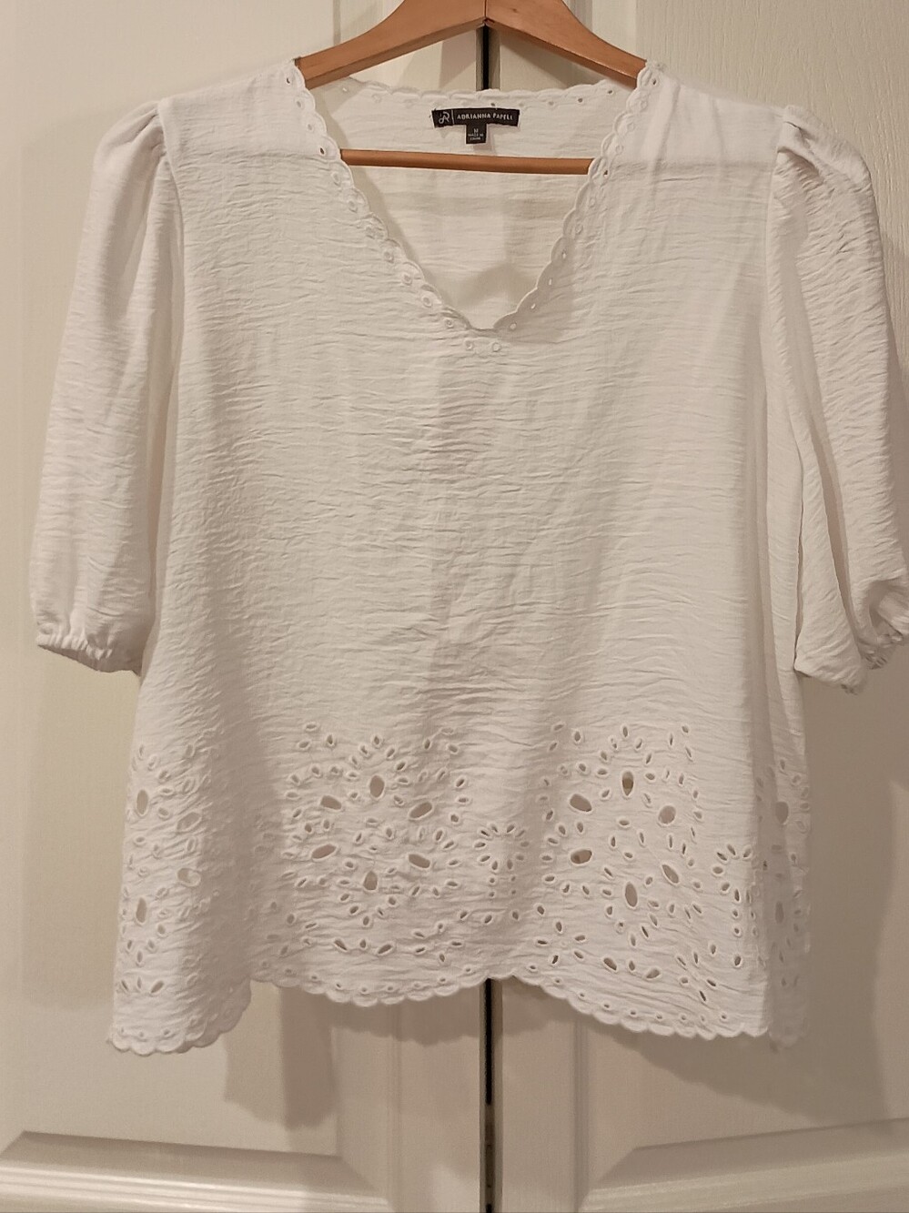 Adrianna Papell White Eyelet V-Neck Blouse